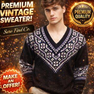 VTG 90s Geometric Fair Isle Style  Colorful V Neck Sweater Mens XL Retro Knit